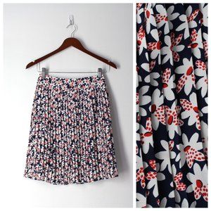 J Crew floral pleated skirt size 00 lined high waist navy white red